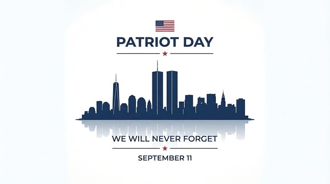 Patriot day memorial graphic with new york city skyline silhouette and american flag isolated on white background