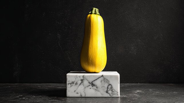 Single yellow squash presented on a white marble pedestal against a dark, textured background