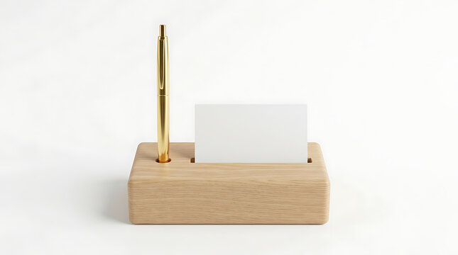 Modern Wooden Desk Organizer with Gold Pen and Blank Business Card Holder Setup