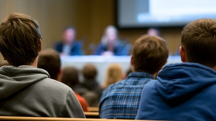 Fototapeta premium Students sitting in a classroom listening to a presentation during an academic lecture featuring blurry speakers in the background view