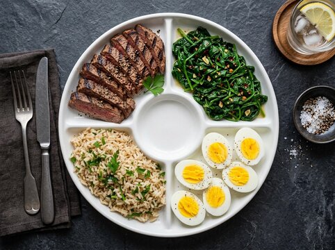 Portion control plate with grilled sliced steak brown rice spinach and egg