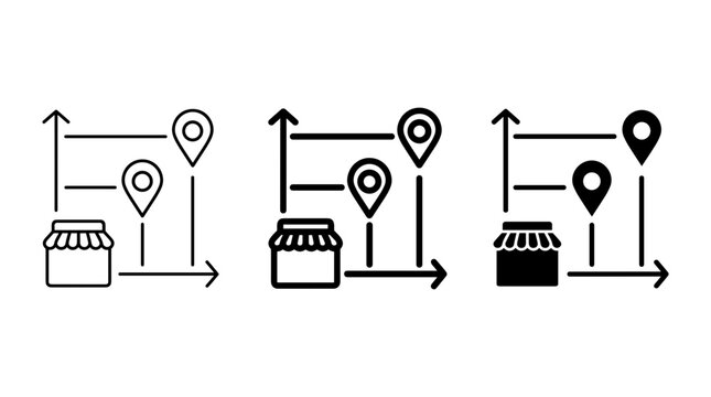 Store location pins on map route representing delivery logistics and service network map pointer pin icon set isolated vector.