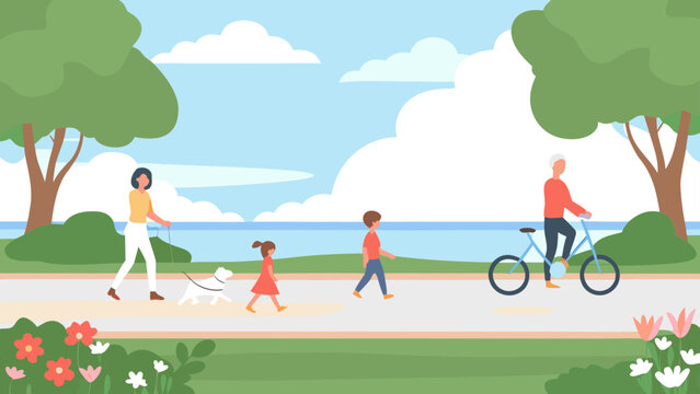 Minimalist vector illustration of a family enjoying outdoor activities. Depicts a woman walking her dog, children playing, and an elderly man cycli...