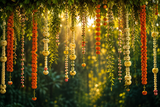 Happy onam hanging marigold jasmine garlands beneath green foliage celebrating south indian festival in kerala with sunlit natural decoration and festive elegance