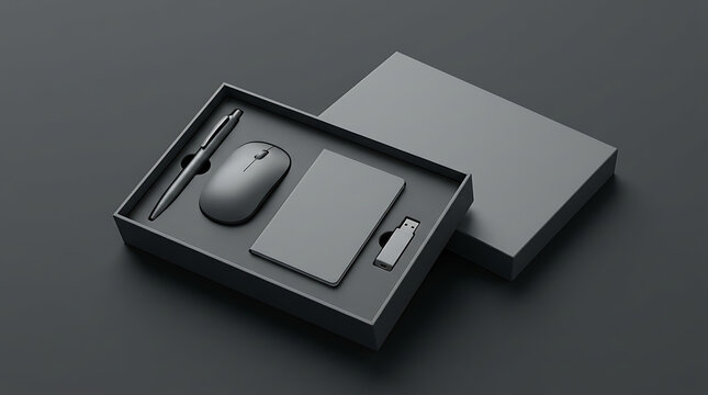 Elegant Matte Black Office Stationery Mockup Set Featuring Open Box with Computer Accessories
