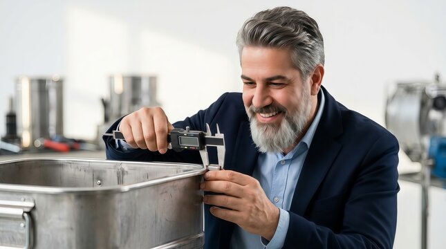 Professional engineer measuring metal container with digital calipers