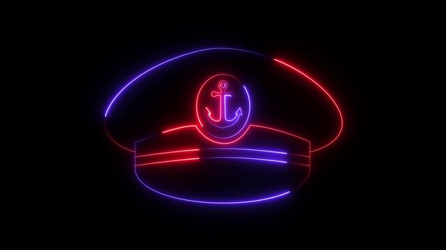 Glowing neon Captain hat icon isolated on black background. maritime accessory, Uniform Cap Symbols. Motion Graphic concept. animation