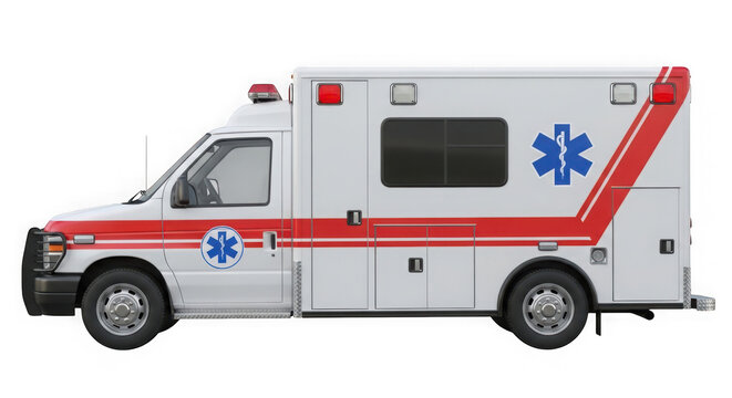 White ambulance emergency vehicle driving on the road isolated on transparent background