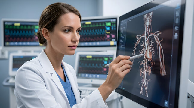 Female Doctor Pointing at 3D Anatomical Heart Model on Medical Monitor