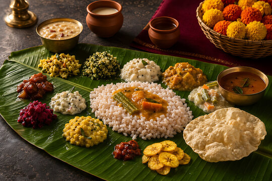Happy onam traditional sadya feast served on banana leaf with rice curries sweets and snacks for south indian festival in kerala celebration