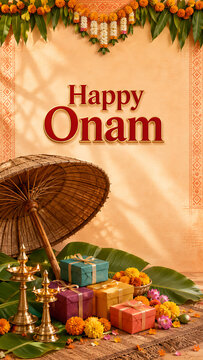 Happy onam festive greeting with traditional umbrella brass lamps wrapped gifts flowers and banana leaves for south indian festival in kerala celebration