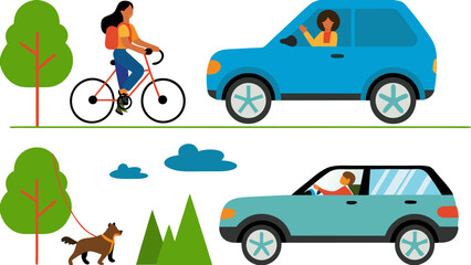 Fototapeta premium Colorful flat vector illustration of people enjoying outdoor activities. Depicts a woman cycling and a man driving a car with a dog, emphasizing le...