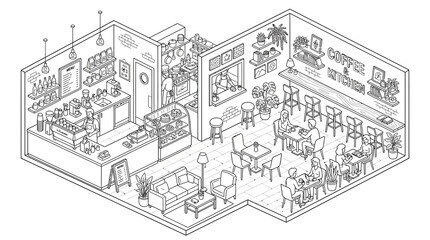 Obraz premium Isometric illustration of a cozy coffee shop interior with customers enjoying their drinks and food.
