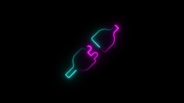 Cyan and pink neon outline of two electrical plugs connecting electricity connection. Motion Graphic. 4k video animation