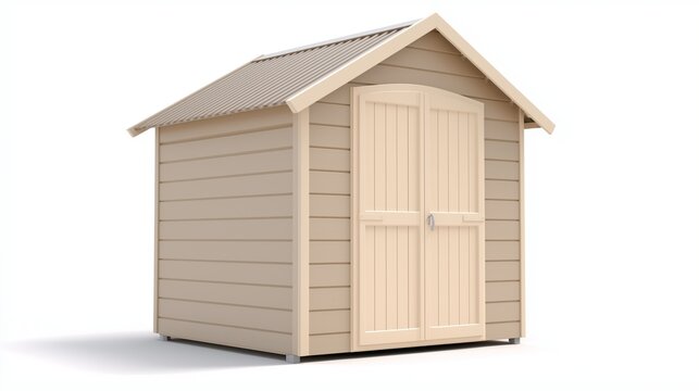 Beige garden shed with a door isolated on white background, outdoor storage