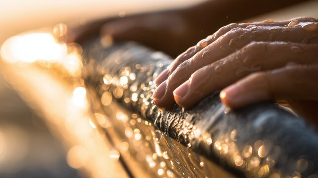 Surfer's hands holding a surfboard rail with water droplets, close-up