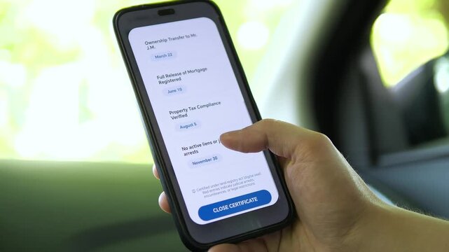 Mobile land registry certificate confirming a clean title. User scrolls through a property's official history, from ownership transfer to tax compliance. Perfect for PropTech apps, r