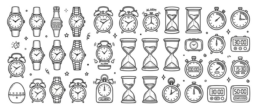 Collection of Hand-Drawn Timekeeping Devices Isolated