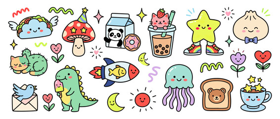 Fototapeta premium Cute Kawaii Characters Collection Isolated Transparent Background