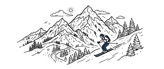 Person skiing down a mountain slope with trees and peaks © Hidan