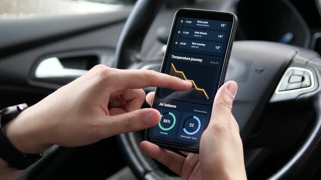 Driver checks a detailed rain forecast on a smartphone before travel, highlighting real-time weather analytics, road safety, climate awareness and data-driven journey planning.
