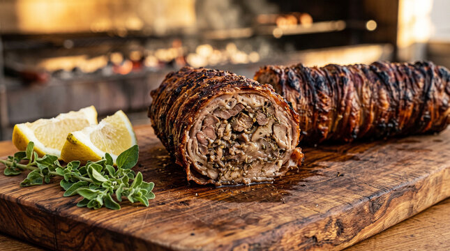 Kokoretsi in Greek cuisine or Kokore&ccedil; in Turkish cuisine.It consists of seasoned lamb or goat intestines wrapped around a filling of offal, typically including liver, lungs, heart, and sweetbreads.