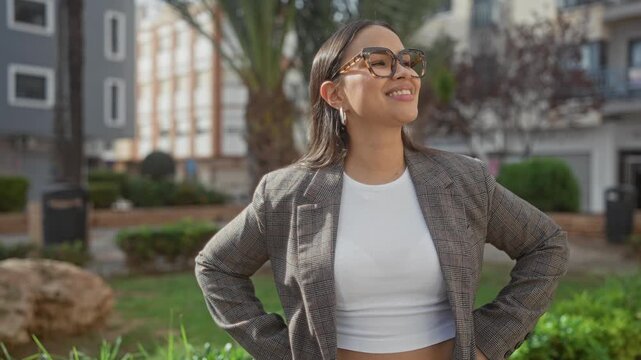 Woman wearing large tortoiseshell glasses, hands on hips and smiling on a street plaza near apartment buildings; confidence.