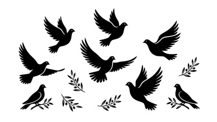 Naklejka premium Set of black silhouettes of flying doves and olive branches isolated on white background