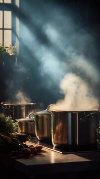 Three shiny pots simmer on a stove as morning light highlights the swirling steam in a cozy kitchen. Fresh herbs and vegetables add a rustic, inviting atmosphere to the culinary setting