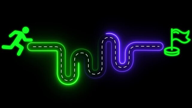 Futuristic Neon Success Roadmap with Runner and Finish Flag on Black Background Goal Achievement Journey 4K Motion Graphics..