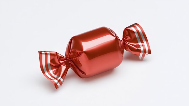 Red candy wrapped in a glossy foil wrapper with silver stripes on the twisted ends, presented on a clean white background