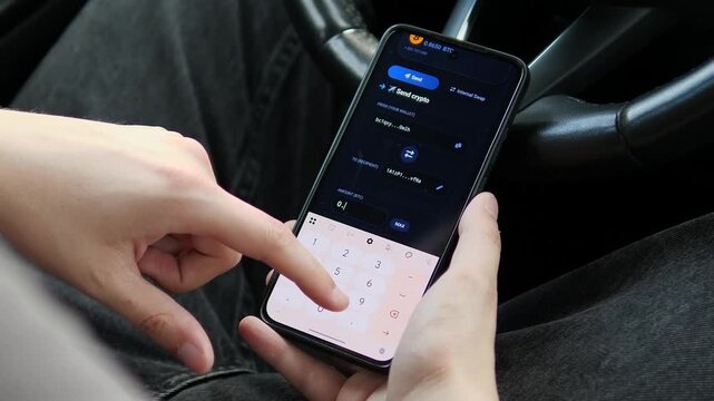 User enters a cryptocurrency amount and confirms a mobile wallet transfer, capturing blockchain payments, digital ownership and the growing shift toward decentralized finance.