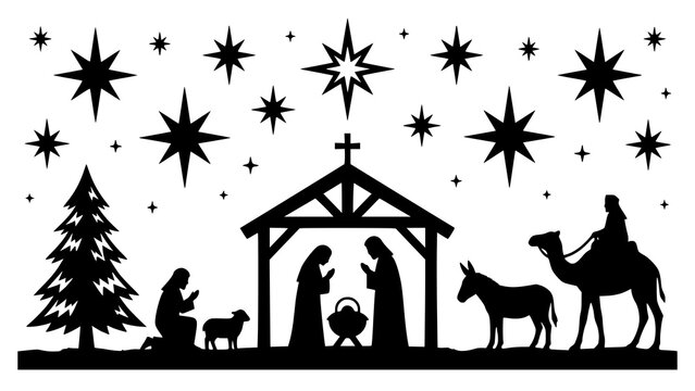Black silhouette of the nativity scene with holy family and stars on a white background