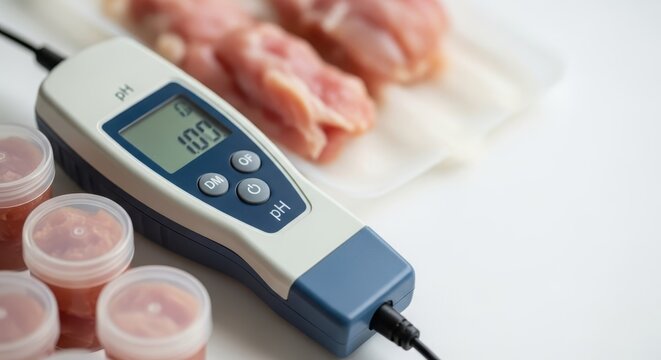 Digital pH Meter Used for Food Quality Testing Next to Raw Meat Sample