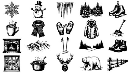 Collection of hand drawn winter season icons and elements in a vintage black and white style © Kapilbiswas