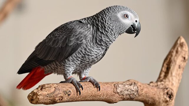African Grey Parrot perched on a branch, turning head with curiosity, close-up in soft natural light