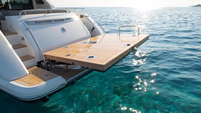 Luxury yacht's retractable teak swim platform extending over crystal-clear turquoise water in the Mediterranean