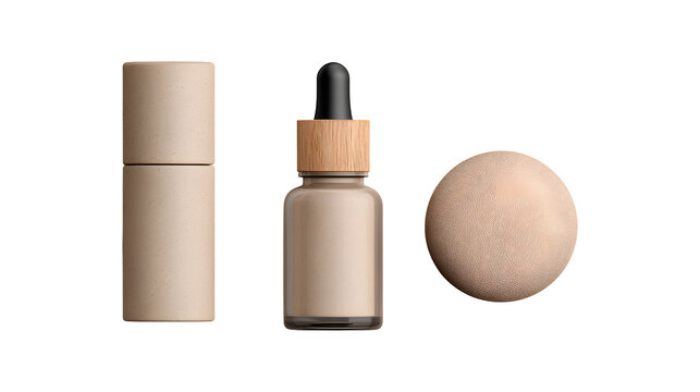 Three makeup products, beige tan tones, minimalist style. A cylindrical container, a dropper bottle, and a powder puff, all isolated on a white background