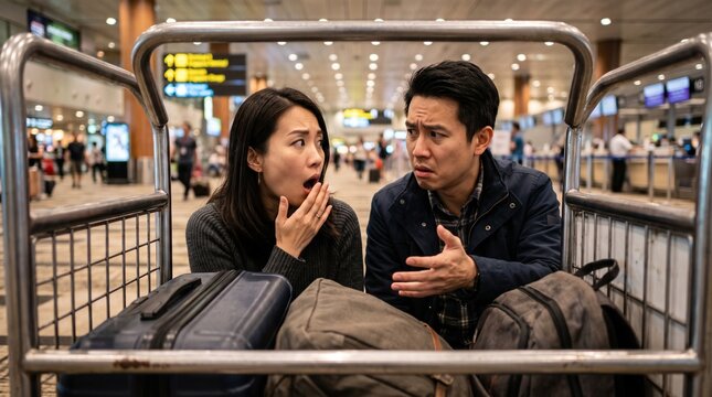 Lost Luggage Surprise: A bewildered Asian couple stands at a baggage carousel, their faces etched with shock and disbelief as they realize their luggage is missing, a common travel anxiety.