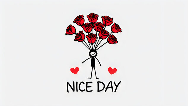 Stick figure holding a bouquet of red roses with hearts illustration