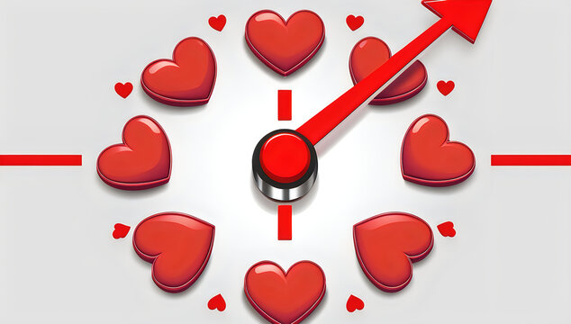 Red heart shape clock face showing time for love illustration