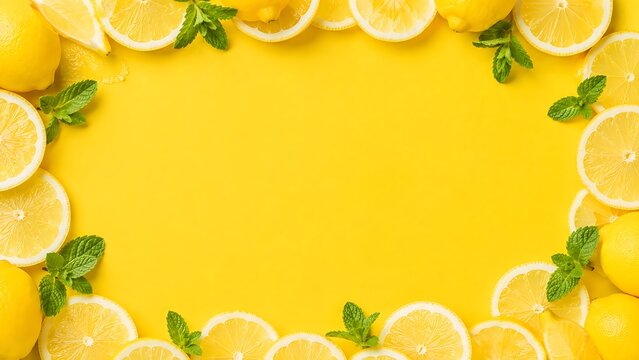 Vibrant yellow top down background framed by fresh sliced lemons and mint leaves for citrus product mockup