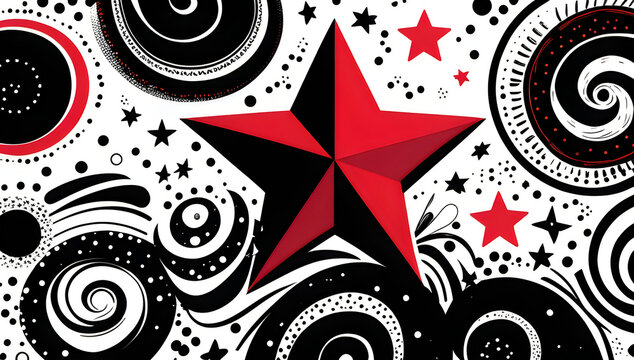 Red star icon with black swirls and abstract patterns illustration