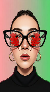 Stylized portrait of a woman wearing glasses with red oak leaves, symbolizing autumn's arrival and fashionable eyewear choices