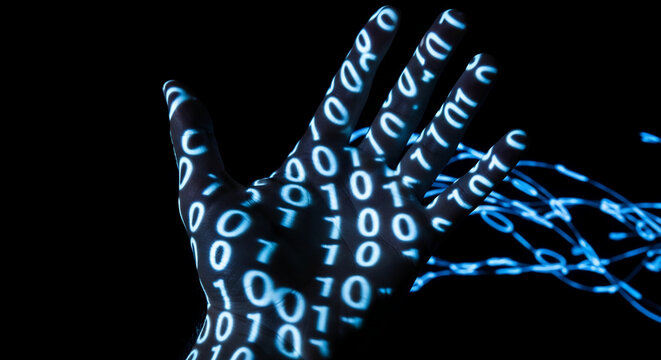 Human hand illuminated with blue binary code, symbolizing digital integration and data flow, representing technology and connectivity