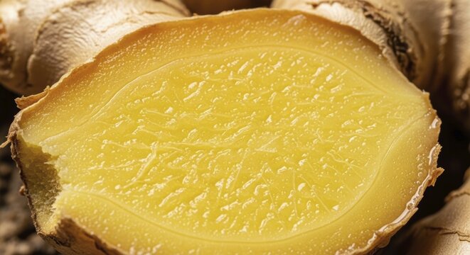 A detailed macro view of a cut ginger rhizome, highlighting its juicy, fibrous flesh and golden-yellow color, perfect for culinary uses, AI generated