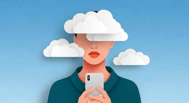 Stylized head of a person with clouds obscuring their face, holding a smartphone, symbolizing mental fog, distraction, or cloud computing.