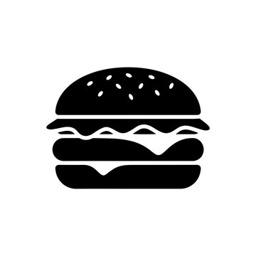 Black silhouette of a classic hamburger with lettuce and cheese, isolated on a white background, flat food menu