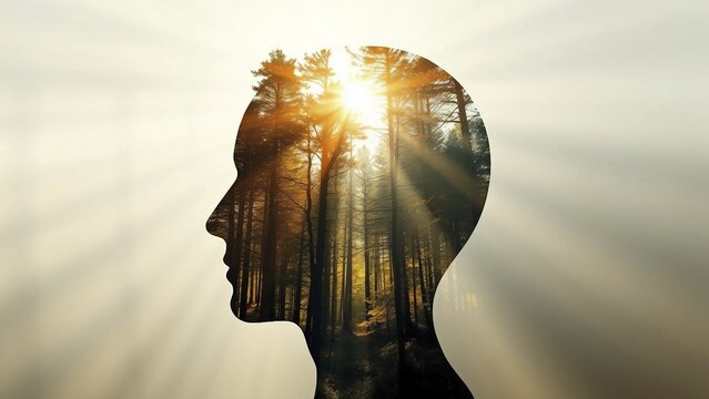 Sunlight flows through trees in a human head silhouette, symbolic image of mental health and free thought, AI generates, AI generated
