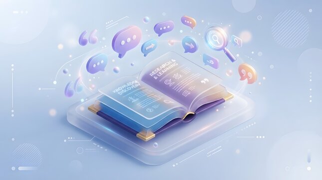 3d illustration of an open book titled knowledge discovery and research learning with floating chat bubbles and search icons